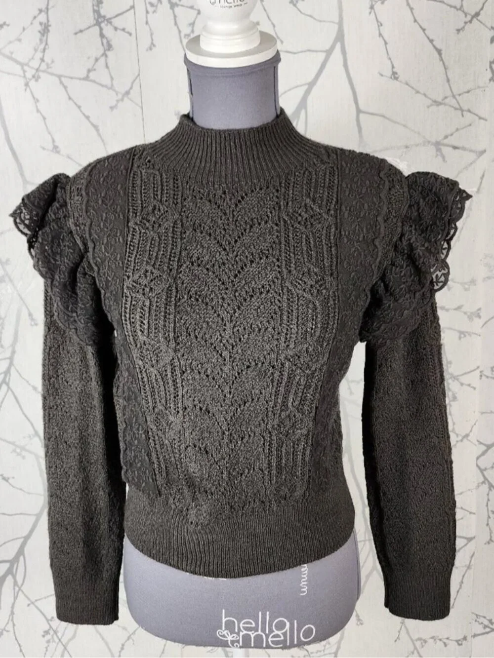Zara Gray Lace Ruffle Trim Mockneck Cropped Sweater
